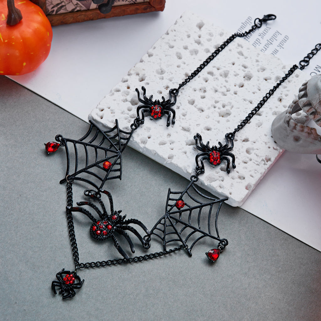 Black Spider Web Red Rhinestone Jewelry Set, Gothic Spider Choker Necklace & Dangle Earrings Halloween Punk Statement Jewelry Set For Women