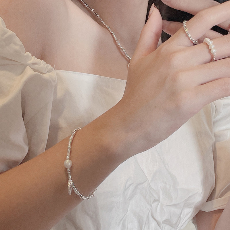 S925 Sterling Silver Bamboo Joint Bracelet, Natural Freshwater Pearl Dainty Wrist Chain with Embossed Heart Round Tag Adjustable Extension Chain for Women Minimalist Lucky Jewelry Gift