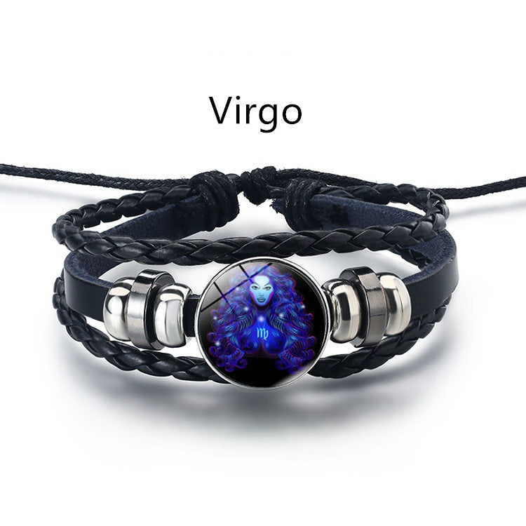 12 Constellation Luminous Braided Leather Bracelet, Adjustable Zodiac Sign Glow In The Dark Wristband For Men Women