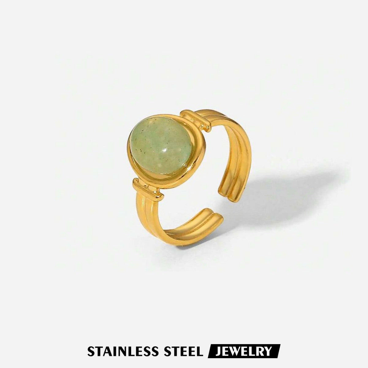 Vintage Natural Stone Stainless Steel Open Adjustable Ring, 18K Gold Plated Tarnish Resistant Gemstone Stackable Ring For Women