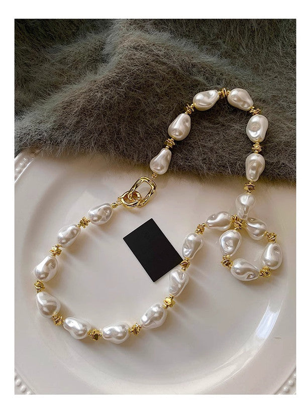 Vintage French Irregular Baroque Faux Pearl Jewelry Set, Chunky Baroque Pearl Choker Necklace & Stackable Bracelet, Gold Plated Toggle Clasp Elegant Bridal Daily Layering Jewelry Gift For Women