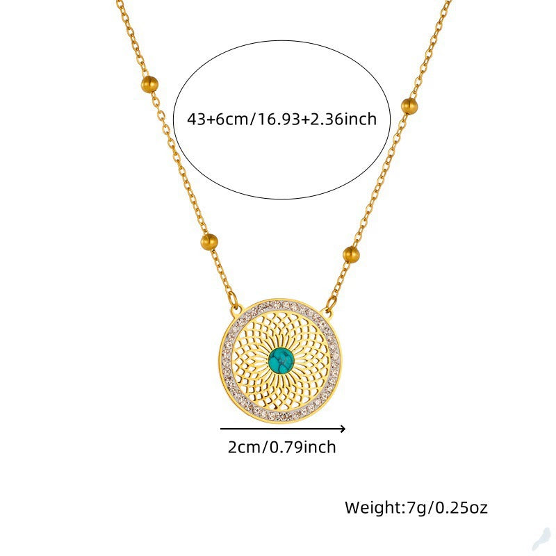 Stainless Steel Turquoise Crystal 2Pcs Jewellery Set, Hollow Floral Round Pendant Necklace & Stud Earrings, Tarnish Resistant 18K Gold Plated Boho Gemstone Set For Women