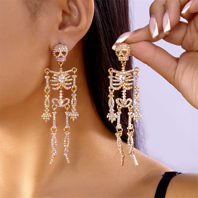 Rhinestone Skeleton Dangle Earrings, Vintage Articulated Skull Drop Earrings Gothic Halloween Party Statement Earrings For Women