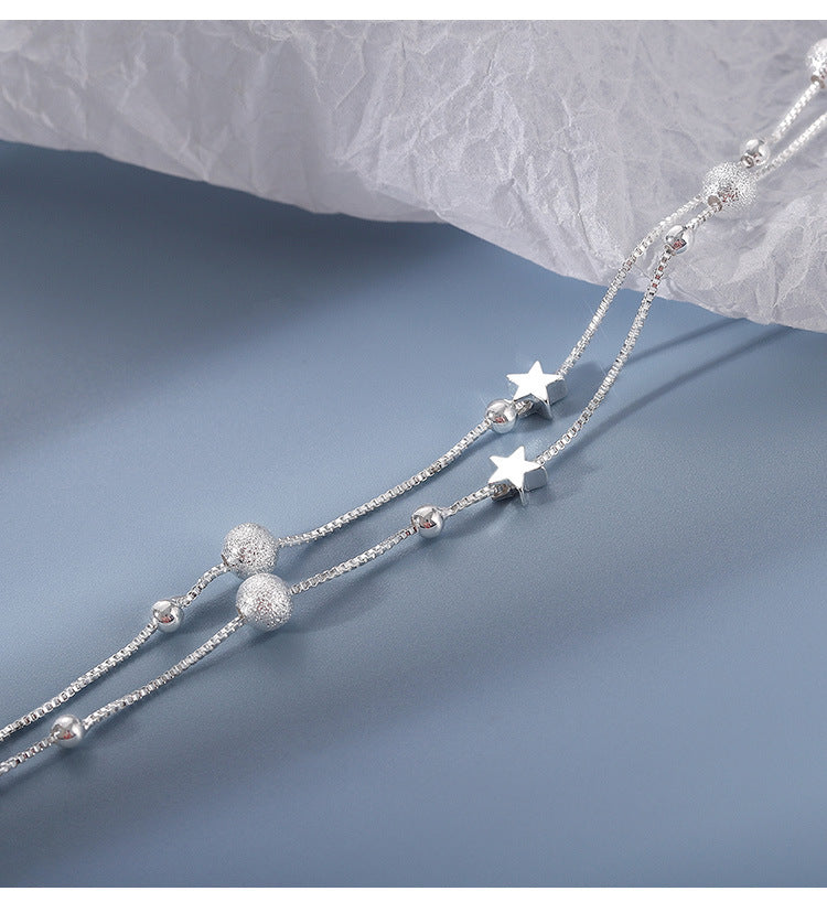S925 Sterling Silver Double Layer Star Bracelet, Dainty Two-Strand Snake Chain Wrist Bracelet with Matte Frosted Beads & Tiny Star Charms Adjustable Extension Chain for Women Minimalist Daily Jewelry Gift