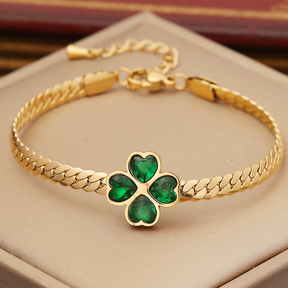 18K Gold Plated Stainless Steel Four Leaf Clover Jewelry Set, Tarnish Resistant Heart Emerald Zircon Cuban Chain Necklace Bracelet Hoop Earrings Set For Women