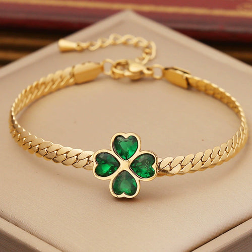 18K Gold Plated Stainless Steel Four Leaf Clover Jewelry Set, Tarnish Resistant Heart Emerald Zircon Cuban Chain Necklace Bracelet Hoop Earrings Set For Women