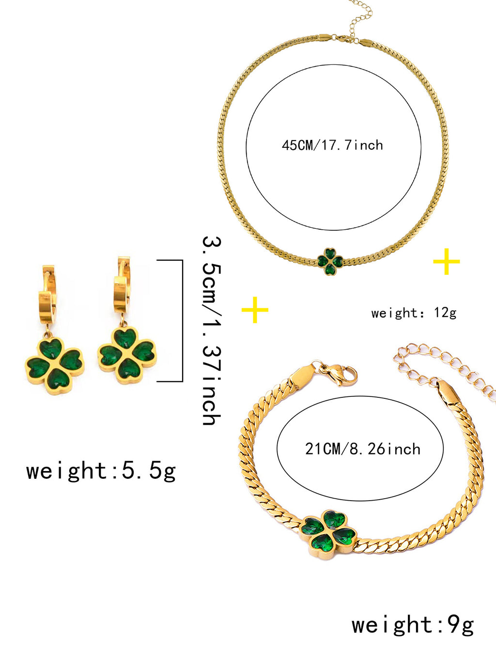 18K Gold Plated Stainless Steel Four Leaf Clover Jewelry Set, Tarnish Resistant Heart Emerald Zircon Cuban Chain Necklace Bracelet Hoop Earrings Set For Women