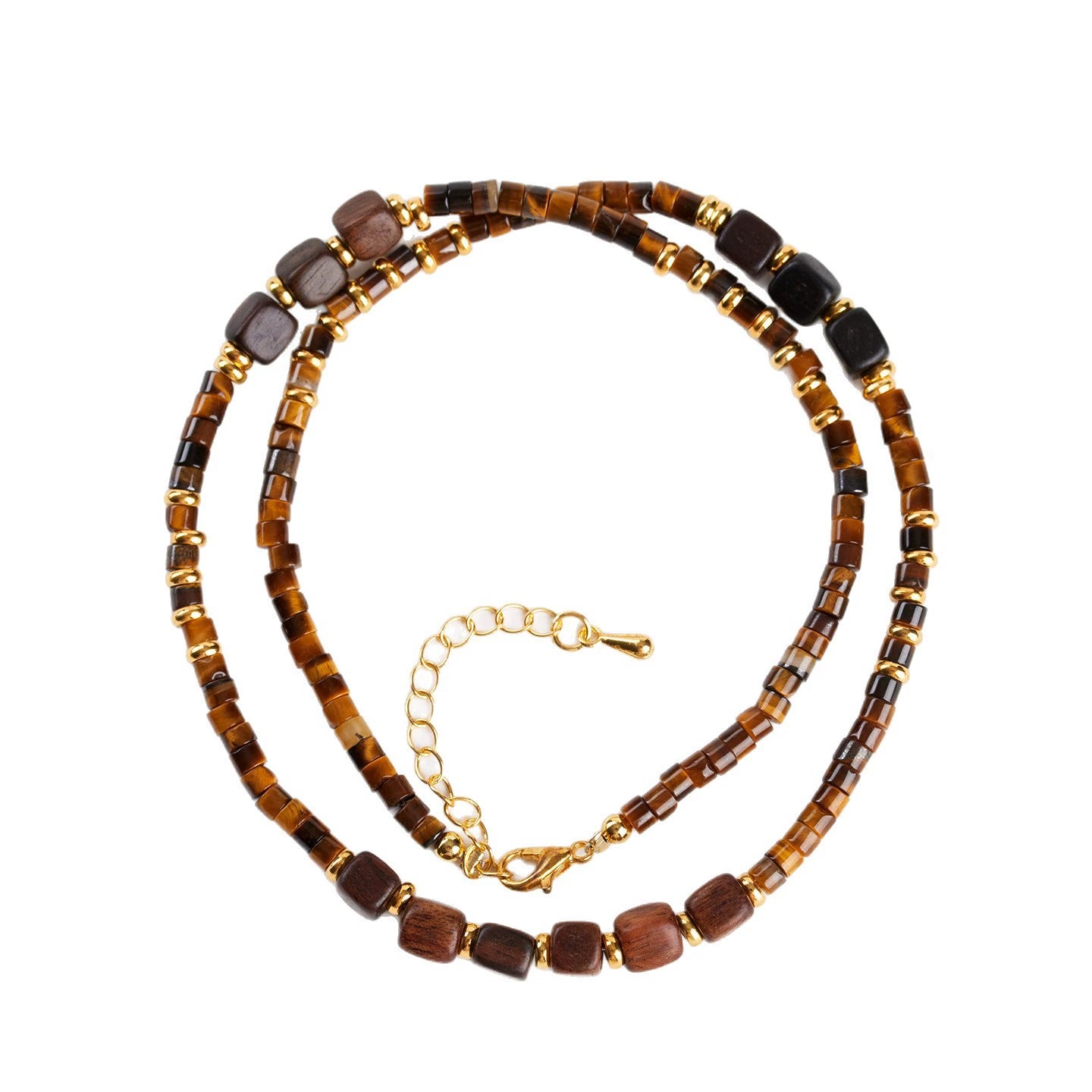 Handmade Natural Tiger Eye & Agarwood Choker Necklace for Men Women, Vintage Wooden Bead Collarbone Necklace with Adjustable Extension Chain, Retro Boho Healing Crystal Beaded Necklace Jewelry Gift