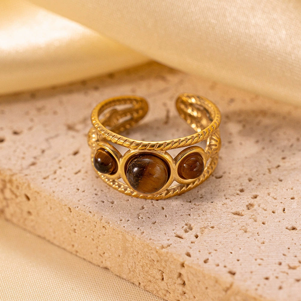 Tarnish Resistant Natural Tiger Eye Stone Open Adjustable Ring, 18K Gold Plated Stainless Steel Vintage Gemstone Stacking Ring For Women