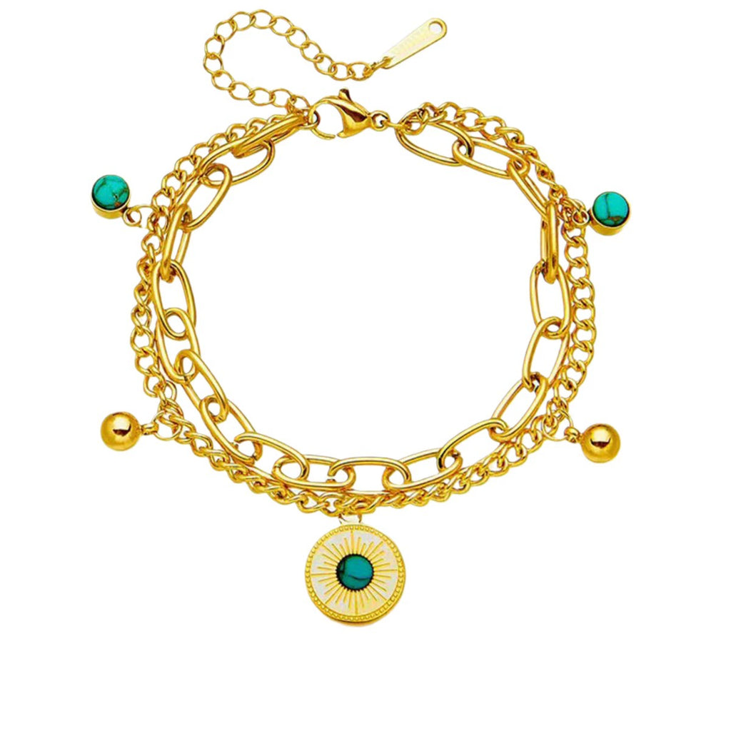 Vintage Sun Coin Turquoise Double Layer Bracelet, Hypoallergenic Titanium Steel Boho Chain Bangle