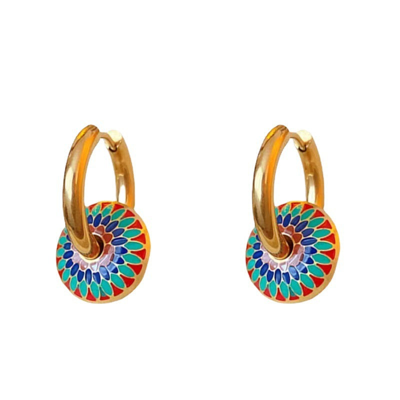 Vintage Enamel Disc Jewelry Set, Hypoallergenic Titanium Steel Hoop Earring & Necklace Set