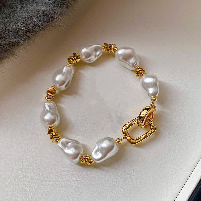 Vintage French Irregular Baroque Faux Pearl Jewelry Set, Chunky Baroque Pearl Choker Necklace & Stackable Bracelet, Gold Plated Toggle Clasp Elegant Bridal Daily Layering Jewelry Gift For Women