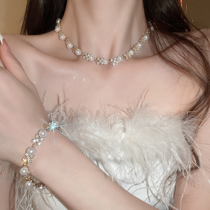 Gold Plated Alloy Pearl Rhinestone Jewelry Set, French Floral Crystal Round Pearl Necklace Bracelet Drop Earrings Matching Set For Women Wedding Party