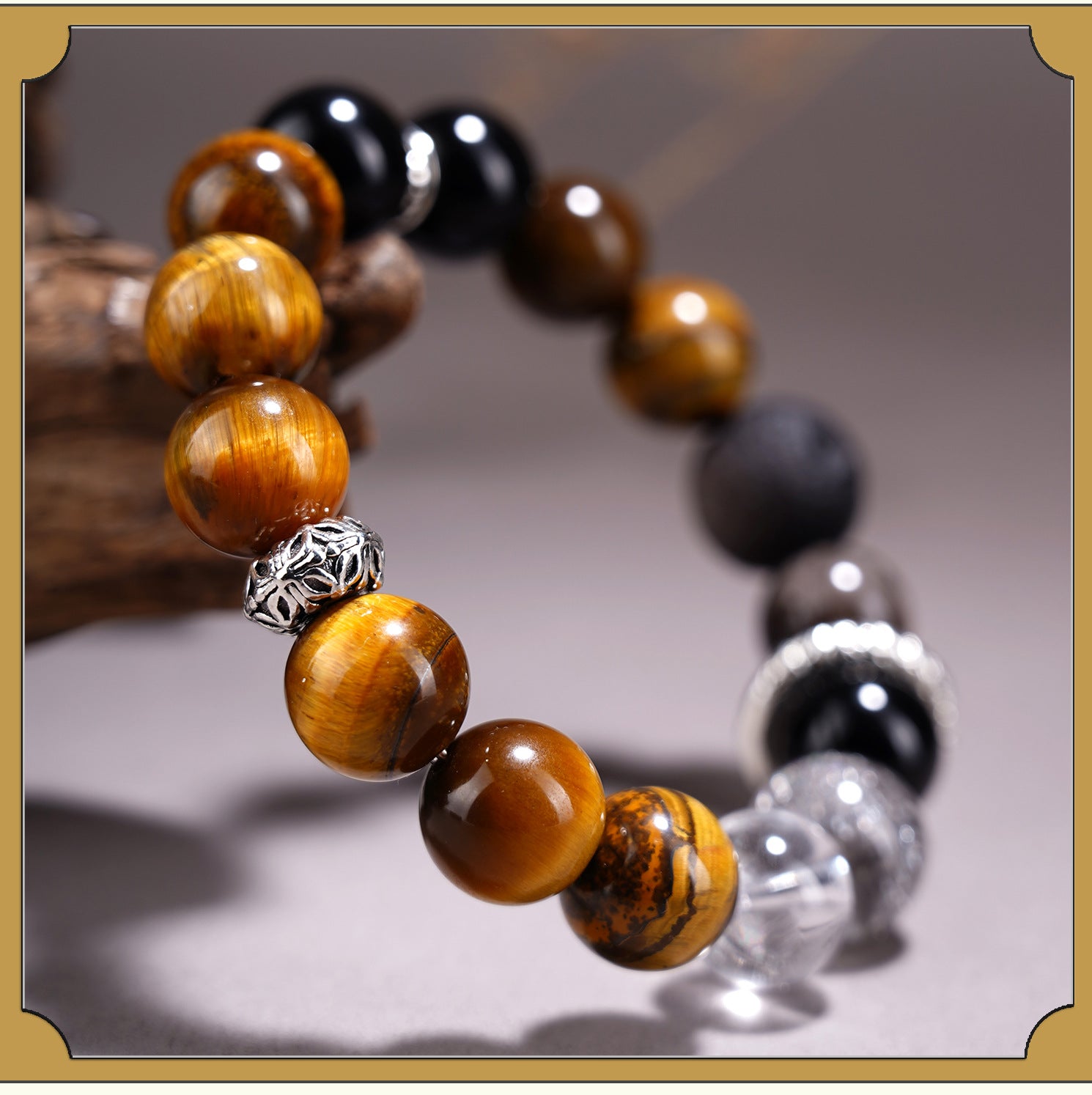 Yellow Tiger Eye Stone Silver Obsidian Planet Bracelet for Couple, Natural Crystal Volcanic Lava Rock Stretch Bracelet, Luck Wealth Protection Jewelry for Him Her