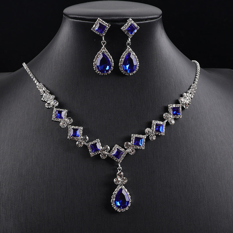 Teardrop Crystal Rhinestone Jewelry Set, Square Cut Gem Necklace & Drop Earrings Wedding Formal Jewelry