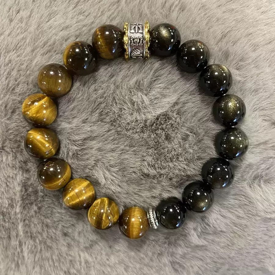 Wealth Luck Tiger Eye & Golden Obsidian Bracelet for Men Women, Black Obsidian Protection Beaded Bracelet with Tibetan Mantra Charm, Good Fortune Crystal Amulet Jewelry Gift for Business & Daily Wear