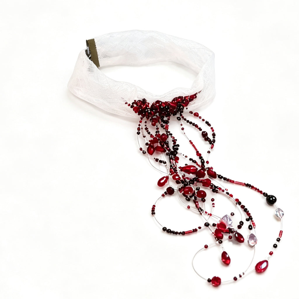 Gothic Blood Red Waterfall Tassel Choker, Vampire Beaded Drop Necklace, Dark Halloween Costume Accessory, Black Red Teardrop Crystal Fringe Choker for Cosplay Party