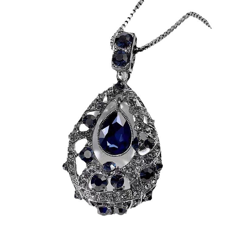 Collier long pour femme en métal, avec pendentif vintage ajouré en forme de goutte, saphir et cristal, et chaîne strass.