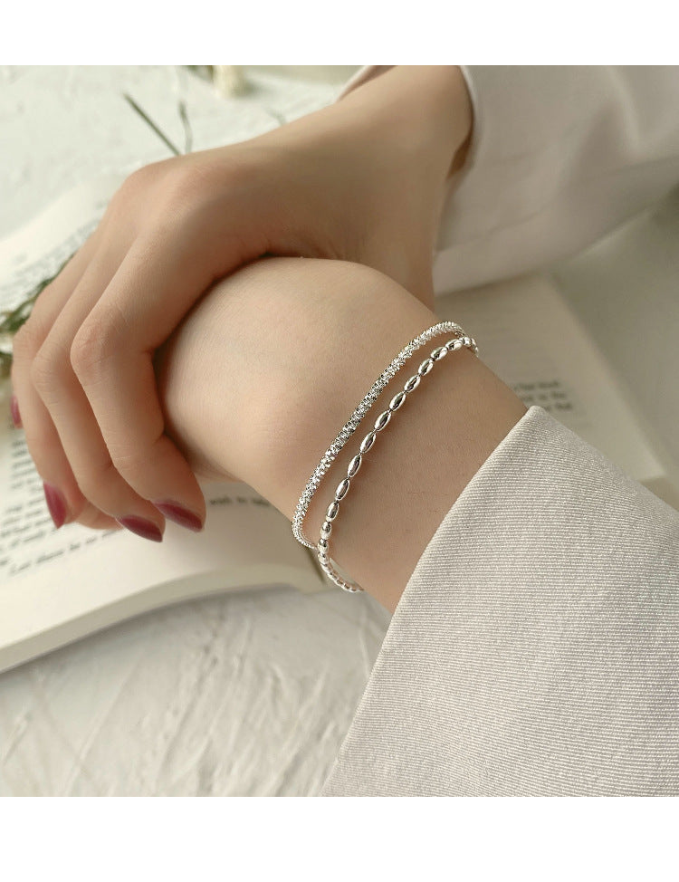 S925 Sterling Silver Double Layer Bracelet, Sparkling Starry Sky Rice Bead Two-Strand Dainty Stack Wrist Chain with Adjustable Extension Chain for Women Minimalist Daily Jewelry