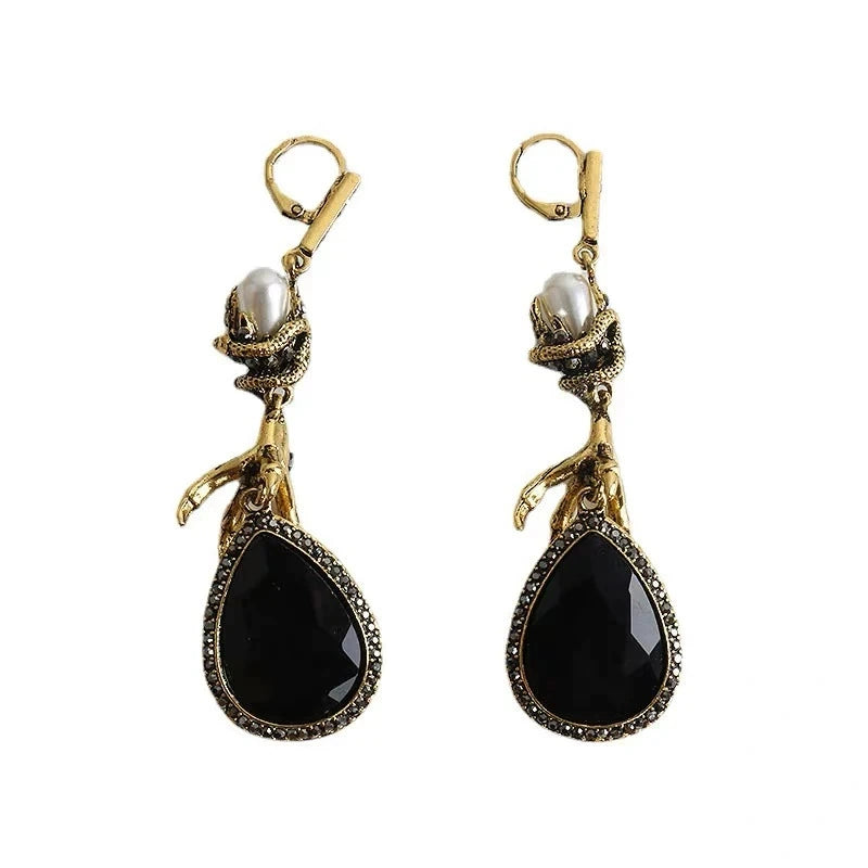 Gothic Retro Eagle Claw Black Onyx Teardrop Dangle Earrings Wrapped Snake & Faux Pearl Design Anti-Tarnish Stainless Steel Long Drop Party Earrings