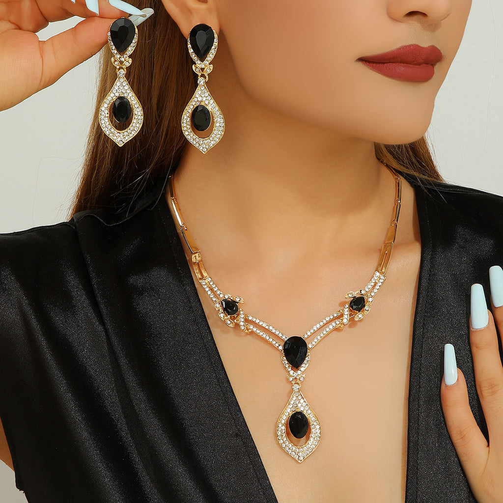 Teardrop Black Crystal Rhinestone Y Drop Necklace & Dangle Earring Set
