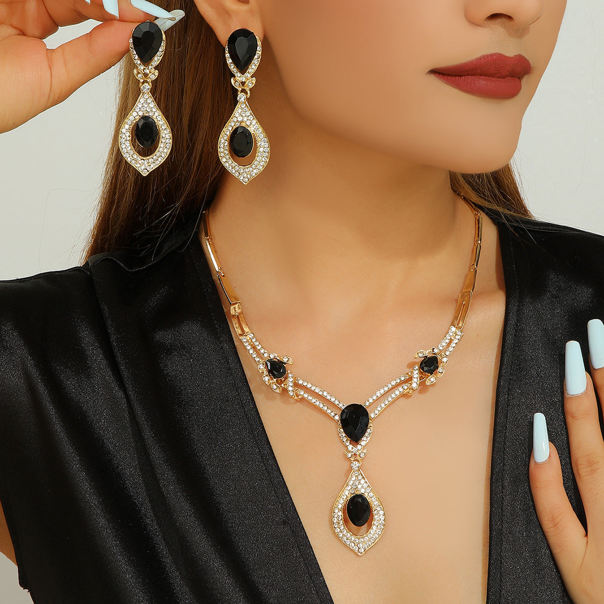 Teardrop Black Crystal Rhinestone Y Drop Necklace & Dangle Earring Set