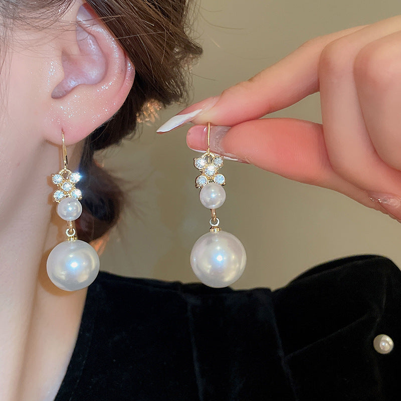 Gold Plated Alloy Pearl Rhinestone Jewelry Set, French Floral Crystal Round Pearl Necklace Bracelet Drop Earrings Matching Set For Women Wedding Party