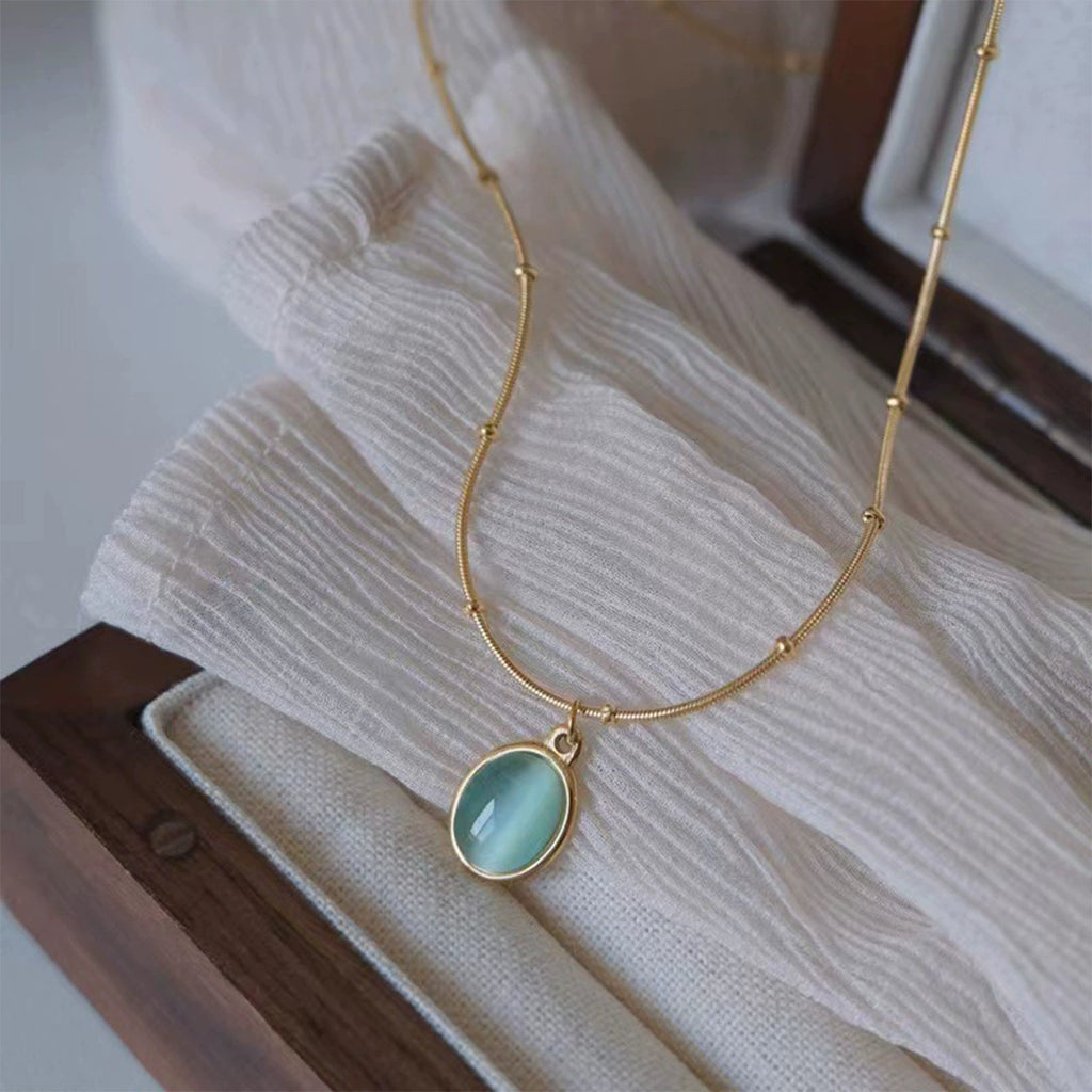 Oval Blue Cat's Eye Pendant Necklace, Gold Plated Stainless Steel Hypoallergenic Dainty Choker