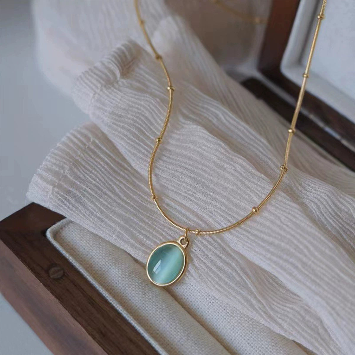 Oval Blue Cat's Eye Pendant Necklace, Gold Plated Stainless Steel Hypoallergenic Dainty Choker