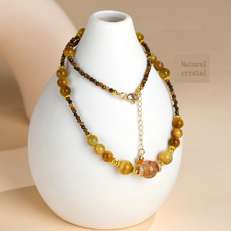 Natural Golden Tiger Eye & Yellow Rutilated Quartz Choker Necklace for Women, Dainty Beaded Tiger Eye Stone Collarbone Necklace with Extension Chain, Crystal Healing Jewelry Gift