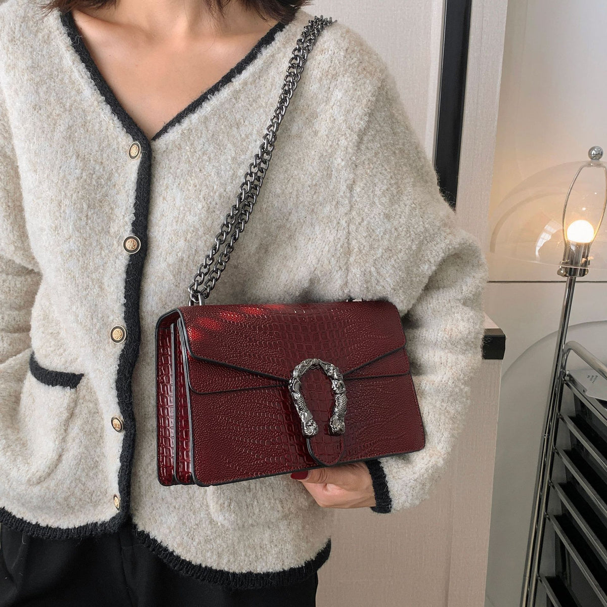 Classic small boxy chain bag with a vintage, affordable-luxury feel; a sophisticated "Dionysus-style" bag suitable for commuting, worn over the shoulder or crossbody.