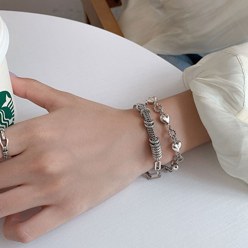 2 Styles S925 Sterling Silver Vintage Bracelet Set, Polished Heart Twisted Link Chain & Textured Coil Tassel Rectangular Paperclip Wrist Chain Adjustable Extension Jewelry for Women
