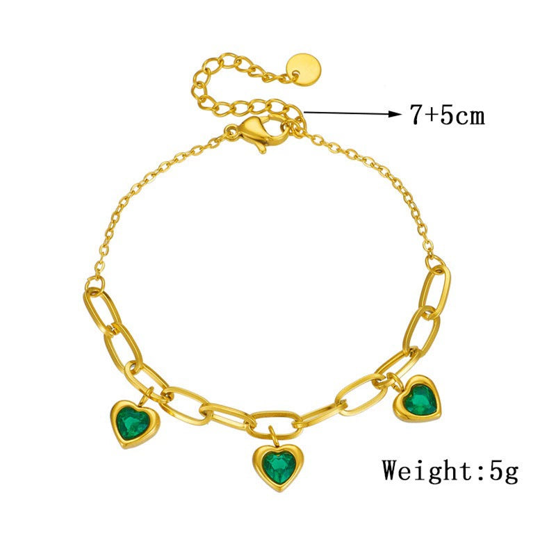 18K Gold Plated Stainless Steel Paperclip Chain Heart Cubic Zirconia Charm Bracelet, Adjustable Dainty Bracelet