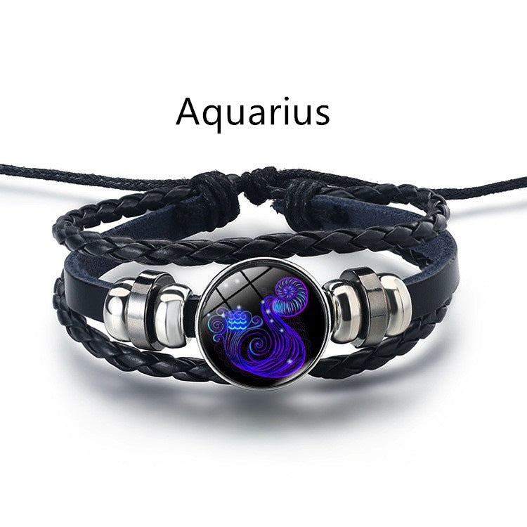 12 Constellation Luminous Braided Leather Bracelet, Adjustable Zodiac Sign Glow In The Dark Wristband For Men Women