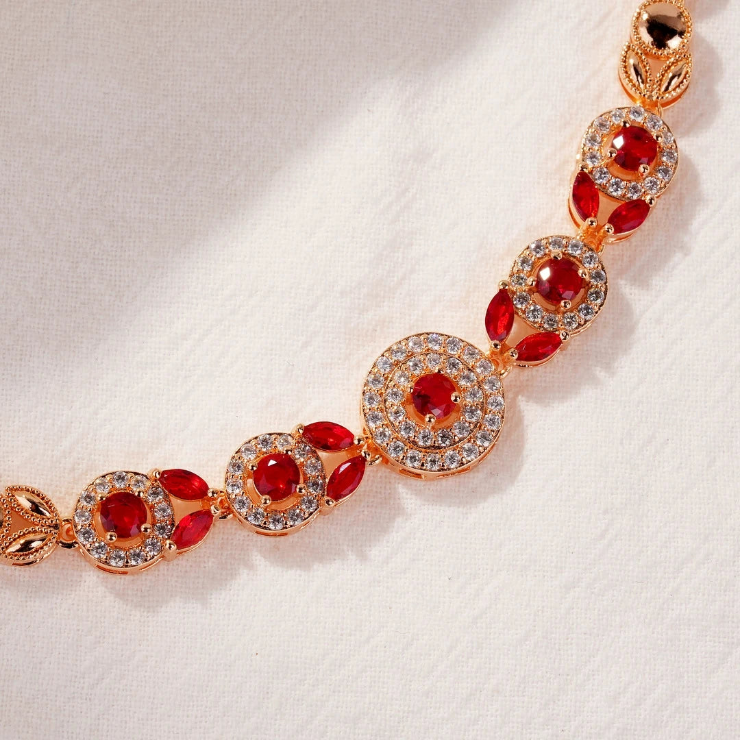 Retro Sparkly Pave Ruby Red Crystal Bracelet Double Circle Rhinestone Inlaid Rose Gold Chain Bracelet Wedding Banquet Statement Wrist Gift