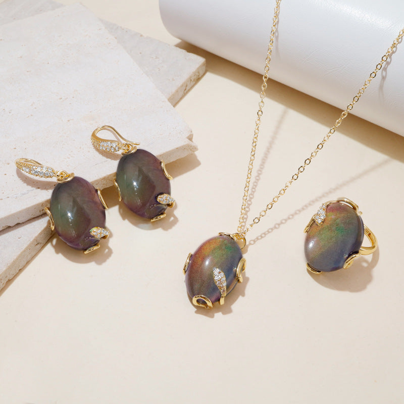 Thermochromic Temperature Sensitive Color Shift Gem Jewelry Kit Oval Mood Stone Drop Earring Adjustable Band Ring Chain Necklace