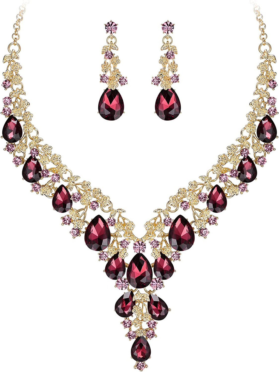 Teardrop Crystal Statement Necklace & Earrings Set, Adjustable Chain