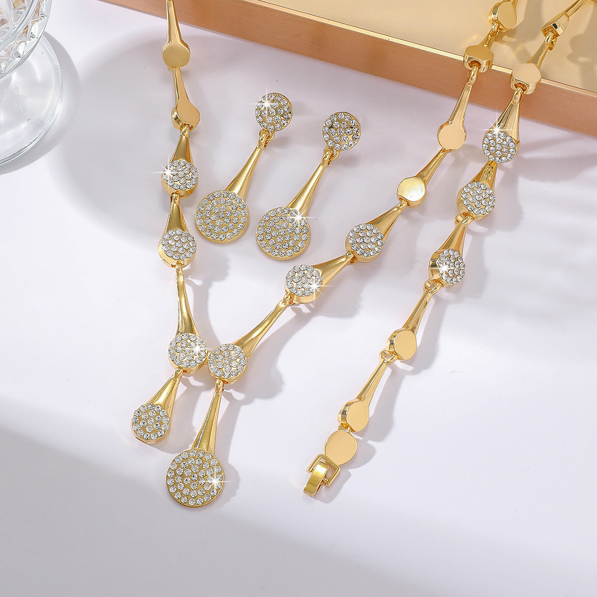 3Pcs Round Pave CZ Jewelry Set | Necklace + Drop Earrings + Bracelet, Hypoallergenic Gold/Silver Plated