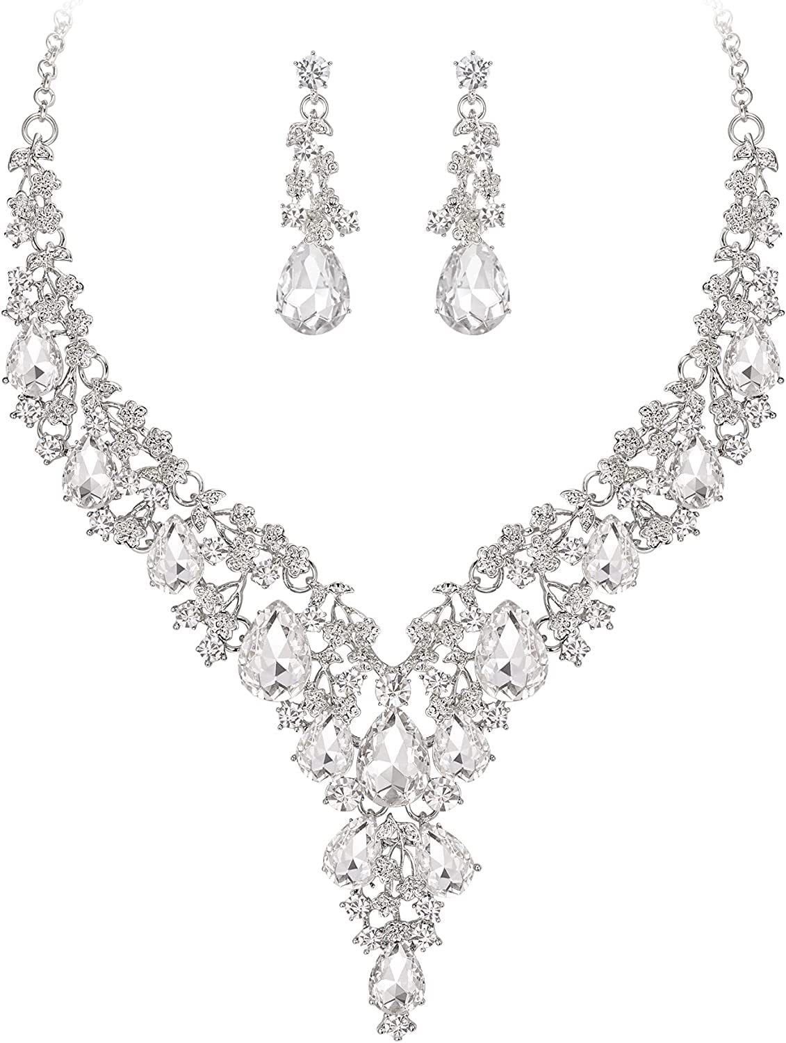 Teardrop Crystal Statement Necklace & Earrings Set, Adjustable Chain