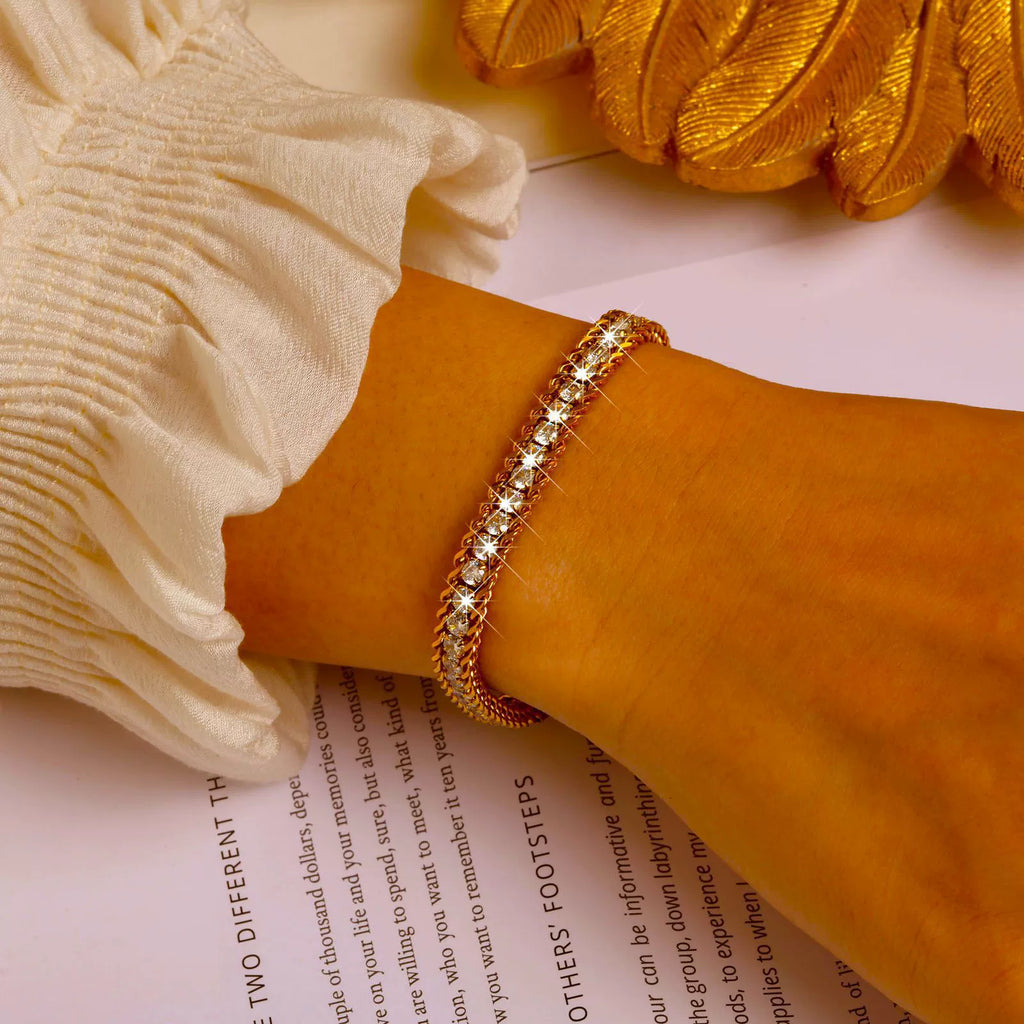 Gold Plated Cuban Link Color Zircon Bracelet, Stainless Steel Hypoallergenic Adjustable Trendy Bangle