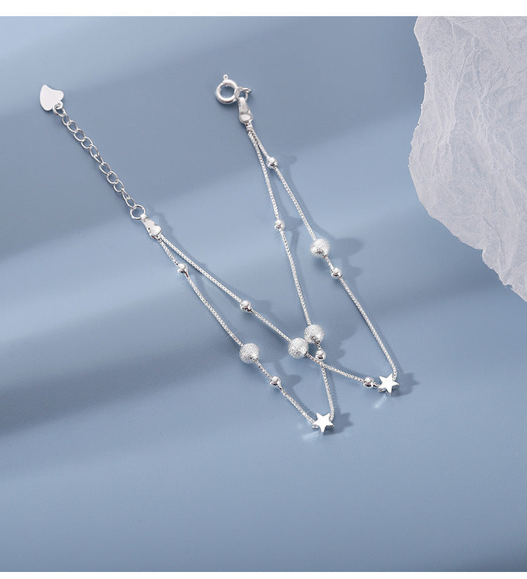 S925 Sterling Silver Double Layer Star Bracelet, Dainty Two-Strand Snake Chain Wrist Bracelet with Matte Frosted Beads & Tiny Star Charms Adjustable Extension Chain for Women Minimalist Daily Jewelry Gift