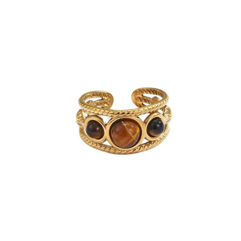 Tarnish Resistant Natural Tiger Eye Stone Open Adjustable Ring, 18K Gold Plated Stainless Steel Vintage Gemstone Stacking Ring For Women