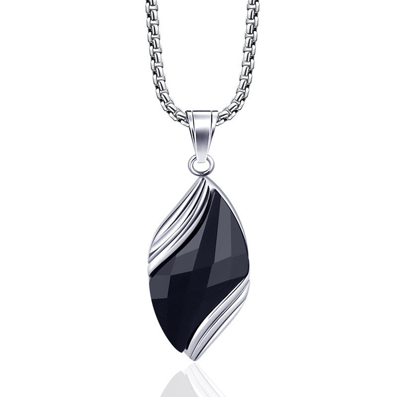 Unisex Titanium Steel Leaf Pendant Necklace Natural Blue Sandstone & Black Onyx Box Chain Men Women Jewelry
