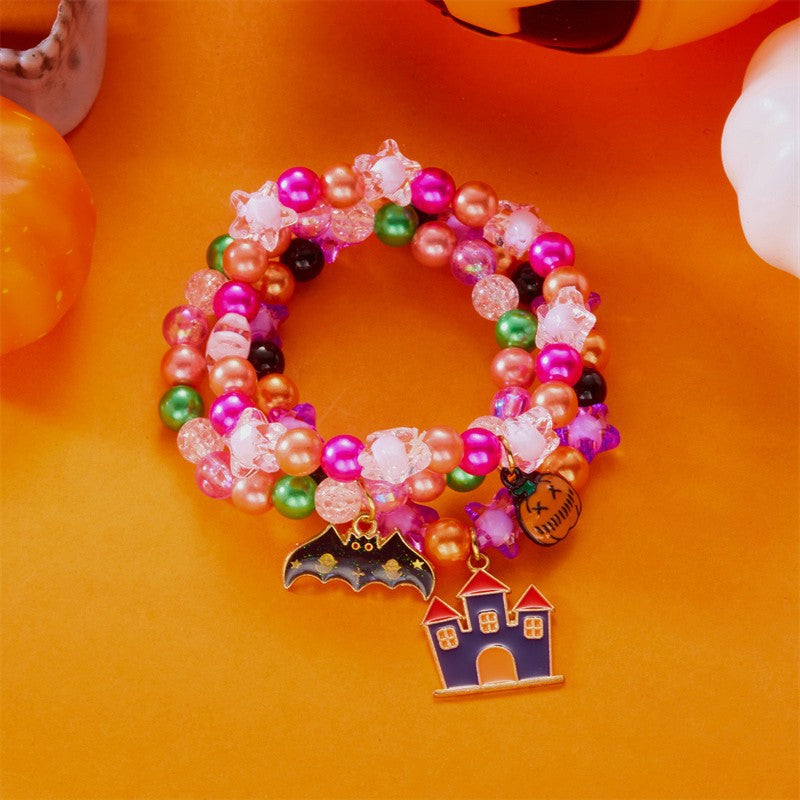 Halloween Cute Ghost Pumpkin Charm Beaded Bracelet Set, 3Pcs Stackable Enamel Charm Stretch Bracelets Witch Bat Mummy Jewelry For Women Kids Party