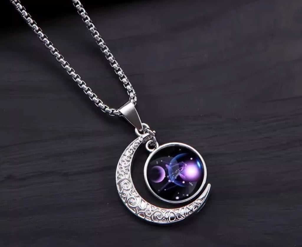 Stainless Steel 12 Constellation Crescent Moon Glass Pendant Necklace noctilucent, Zodiac Sign Time Gem Necklace for man women