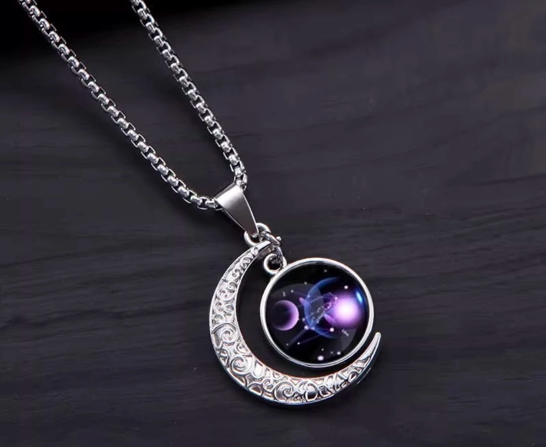 Stainless Steel 12 Constellation Crescent Moon Glass Pendant Necklace noctilucent, Zodiac Sign Time Gem Necklace for man women