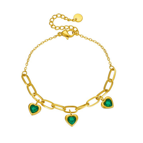 18K Gold Plated Stainless Steel Paperclip Chain Heart Cubic Zirconia Charm Bracelet, Adjustable Dainty Bracelet