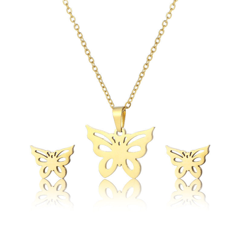 Stainless Steel Hollow Butterfly Jewelry Set Gold Silver Pendant Necklace Matching Stud Earrings Women Gift