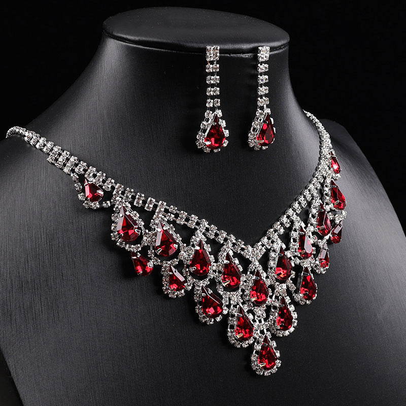Teardrop Crystal Fringe Necklace Earring Jewelry Set, Formal Pageant Statement Jewelry