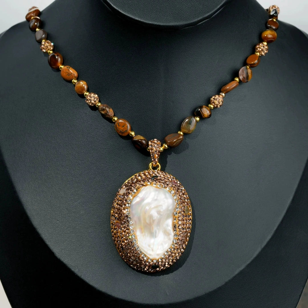 Vintage Natural Baroque Pearl Pendant Long Sweater Necklace Irregular Tiger Eye Stone Beaded Chain Full Champagne Rhinestone Oval Frame Women Retro Layer Jewelry